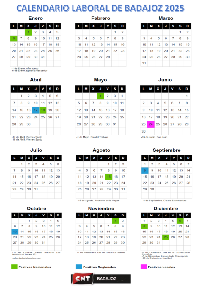 Calendario Laboral localidad de Badajoz