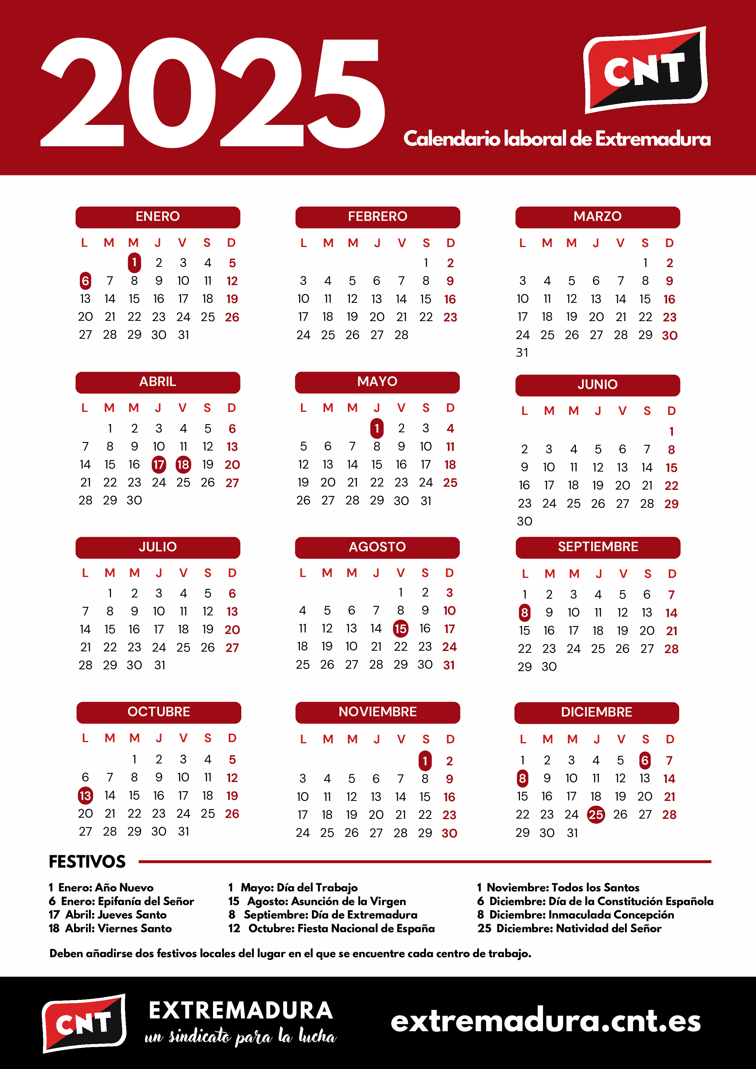 Calendario Laboral Extremadura 2025